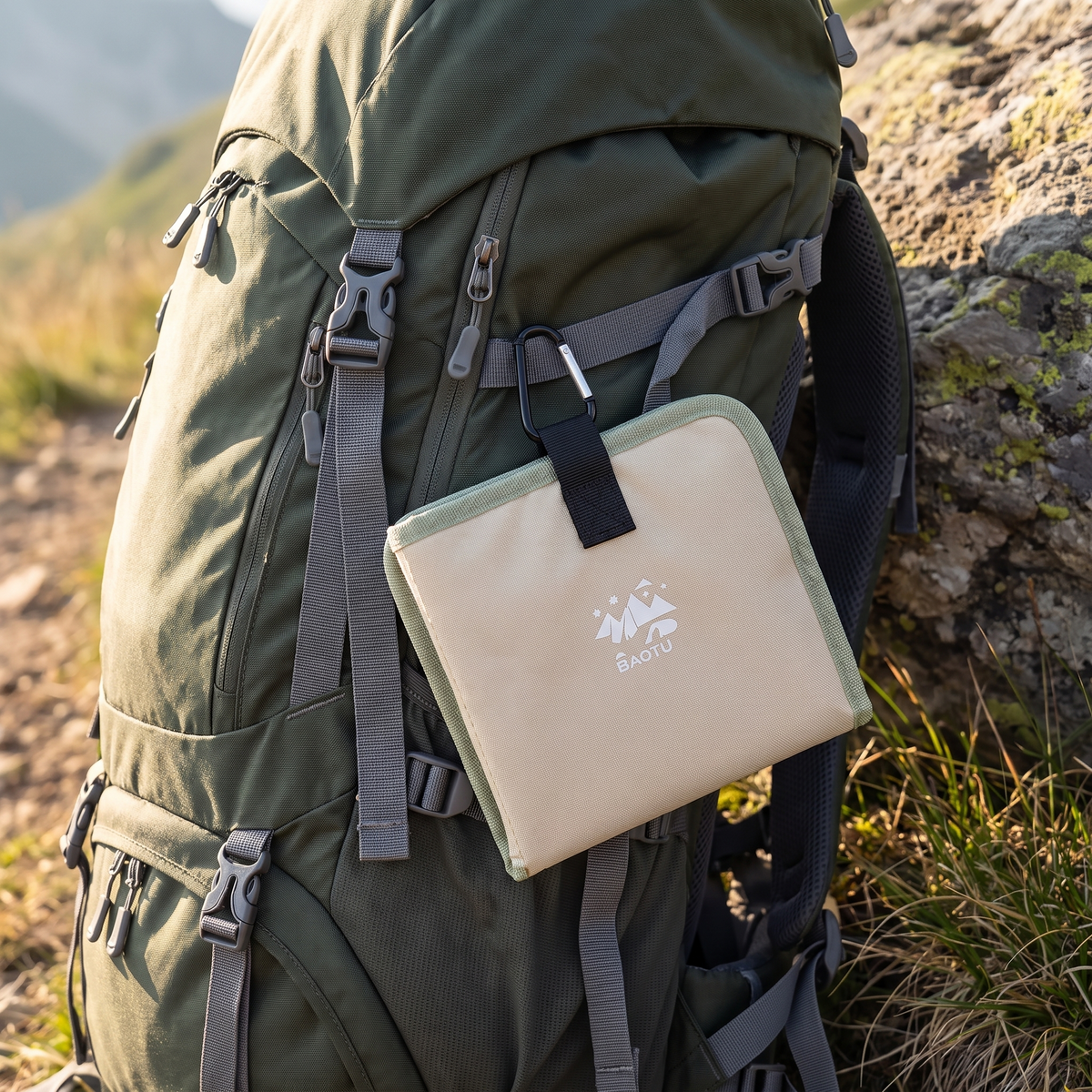 Bergkraft Sitzkissen zusammengefaltet mit Karabiner am Wanderrucksack befestigt