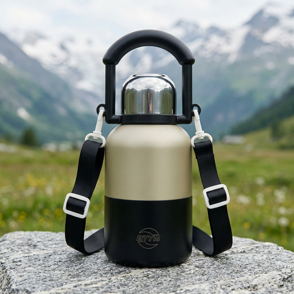 Bergkraft Isolier-Trinkflasche 1000ml in Schwarz mit Tragebuegel und Schultergurt