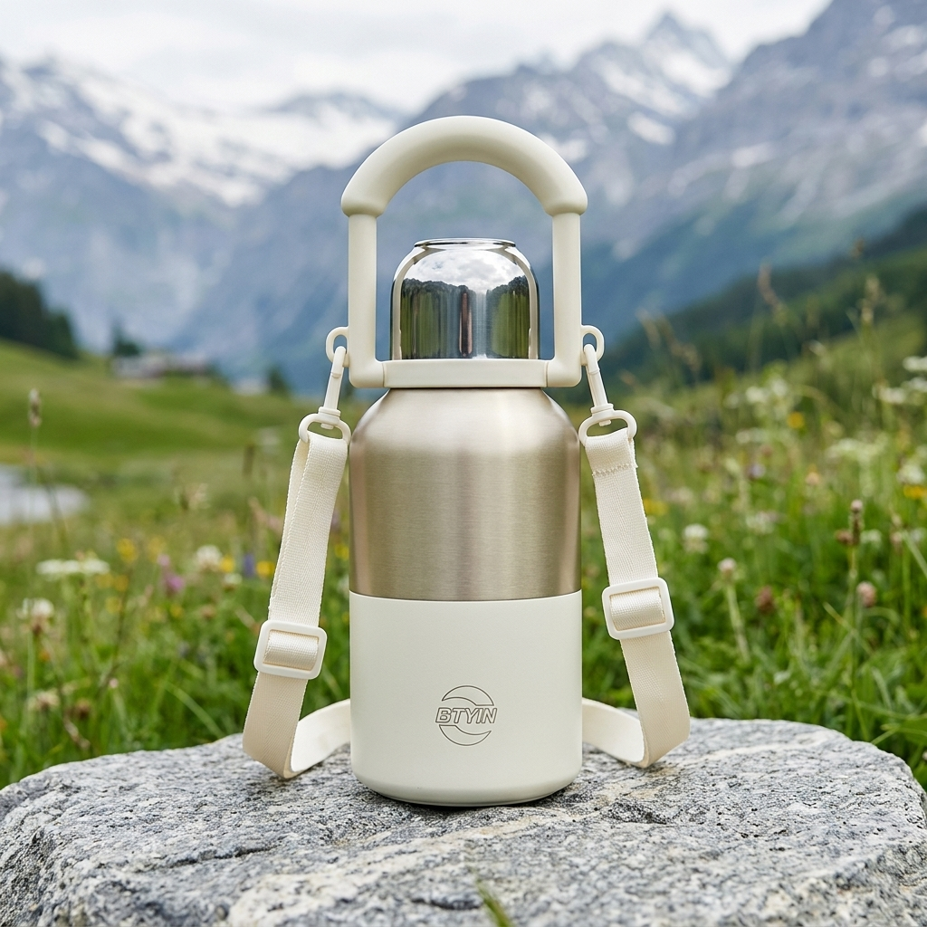 Bergkraft Isolier-Trinkflasche 1000ml in Weiss mit Tragebuegel und Schultergurt