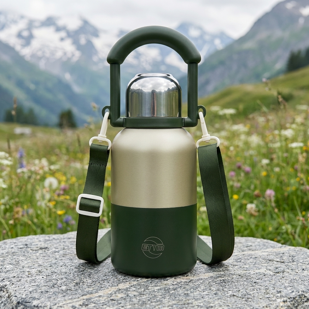 Bergkraft Isolier-Trinkflasche 1000ml in Gruen mit Tragebuegel und Schultergurt auf einem Felsen