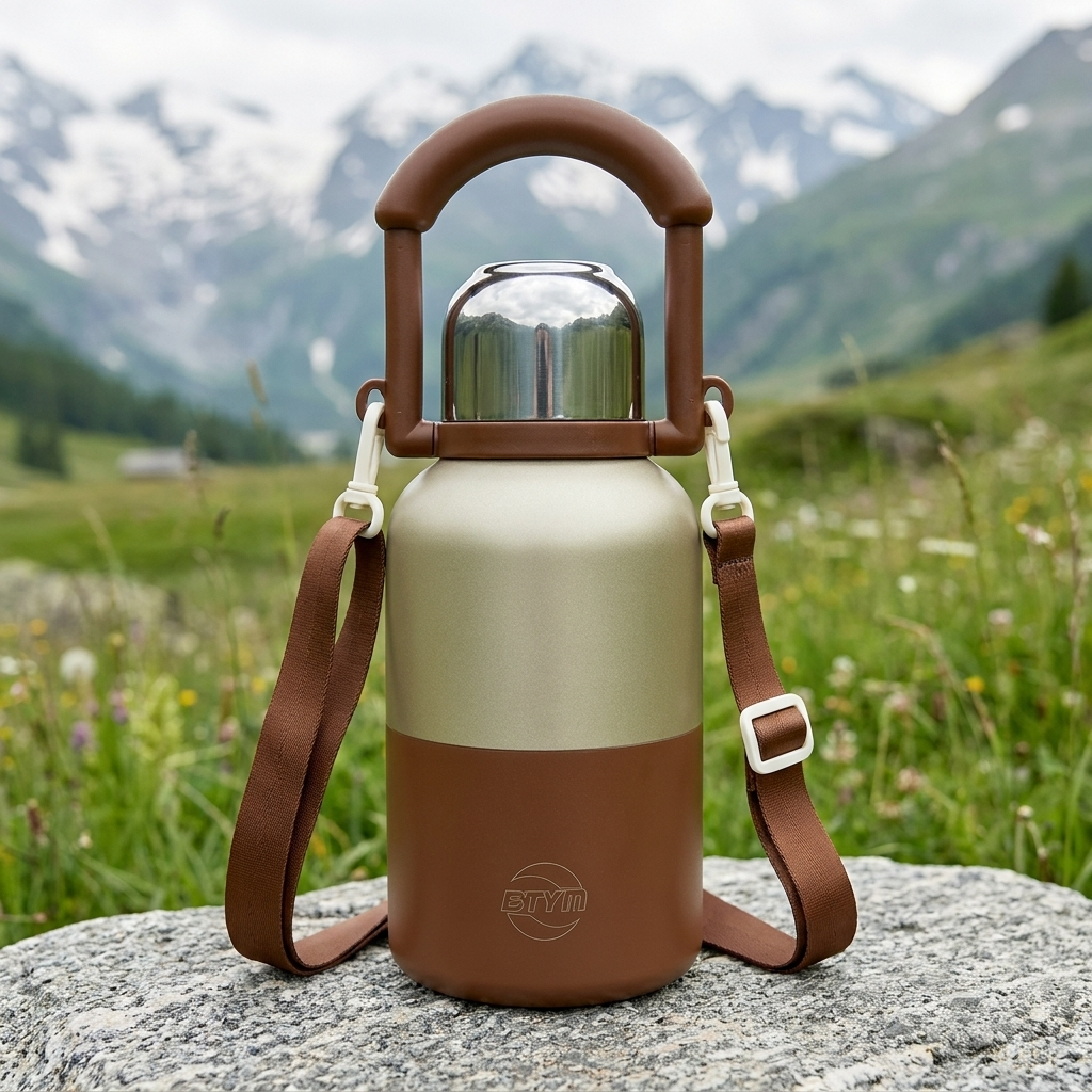Bergkraft Isolier-Trinkflasche 1000ml in Braun mit Tragebuegel und Schultergurt