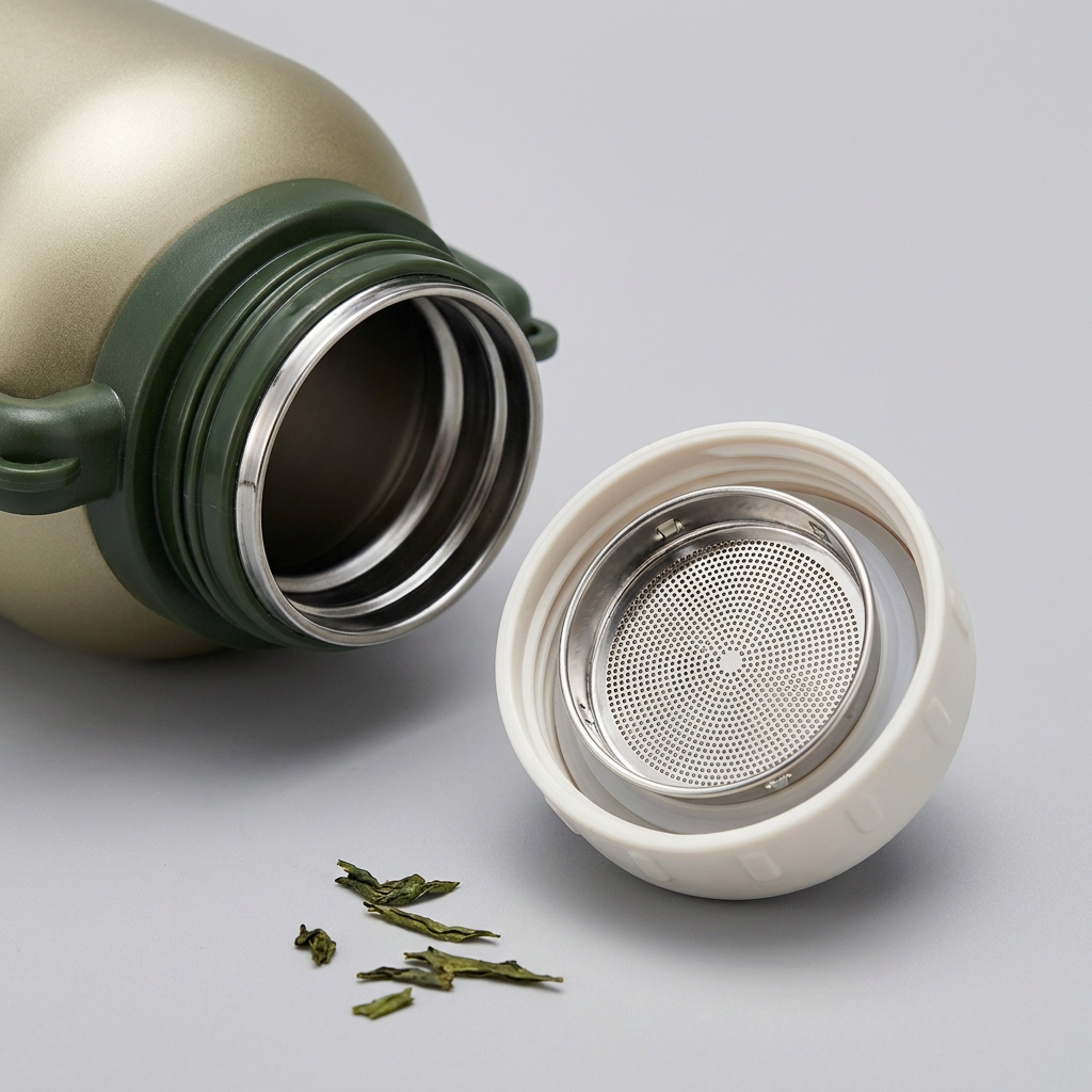 Detailaufnahme des herausnehmbaren Edelstahl-Teesiebs im Deckel der Bergkraft Trinkflasche