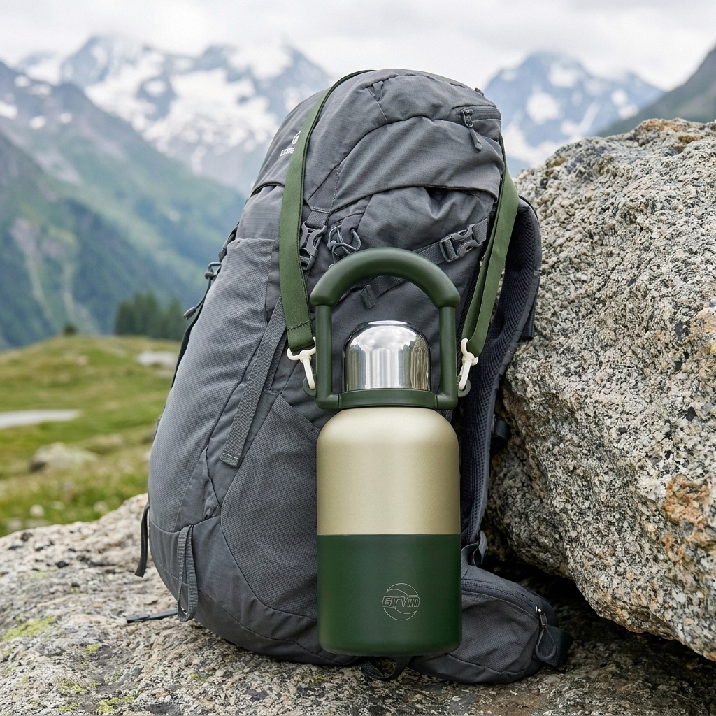 Bergkraft Trinkflasche haengt am Schultergurt an einem Wanderrucksack