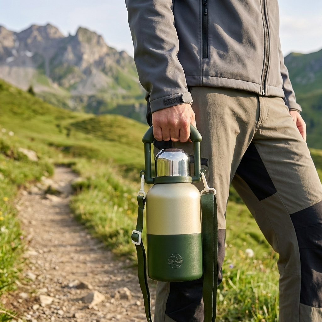 Wanderer traegt die Bergkraft Trinkflasche am Tragebuegel auf einem Bergweg