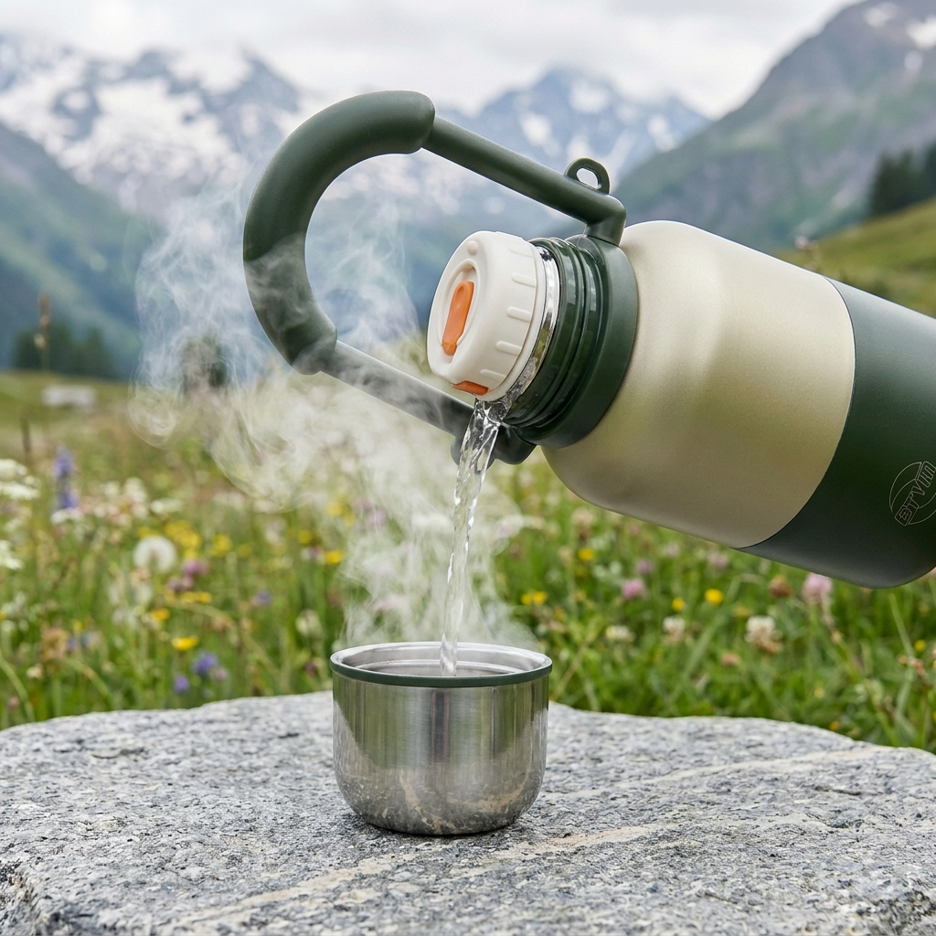 Heisses Wasser wird aus der Bergkraft Trinkflasche in den Edelstahl-Deckelbecher gegossen