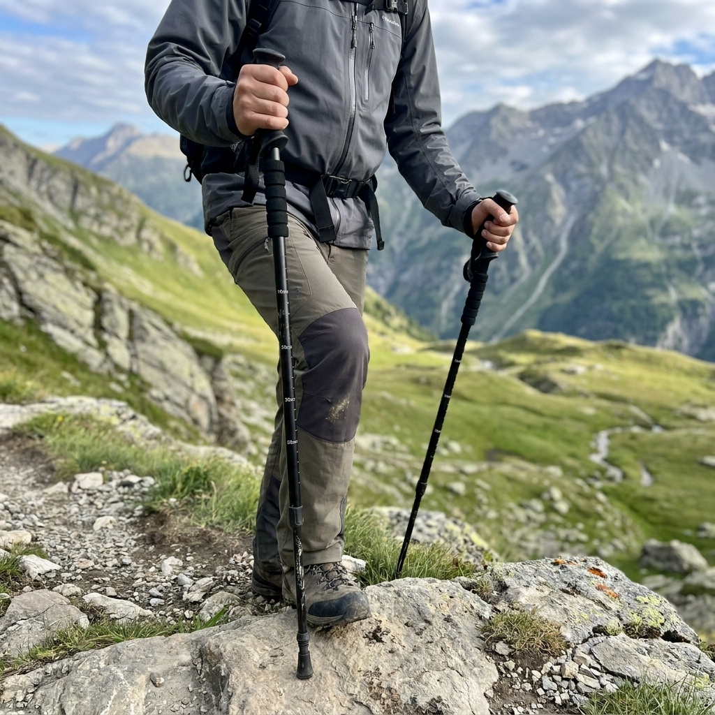 Wanderin nutzt beide Bergkraft Trekkingstoecke beim Abstieg auf einem steinigen Bergweg