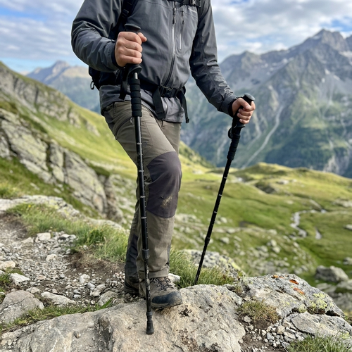 Wanderin nutzt beide Bergkraft Trekkingstoecke beim Abstieg auf einem steinigen Bergweg