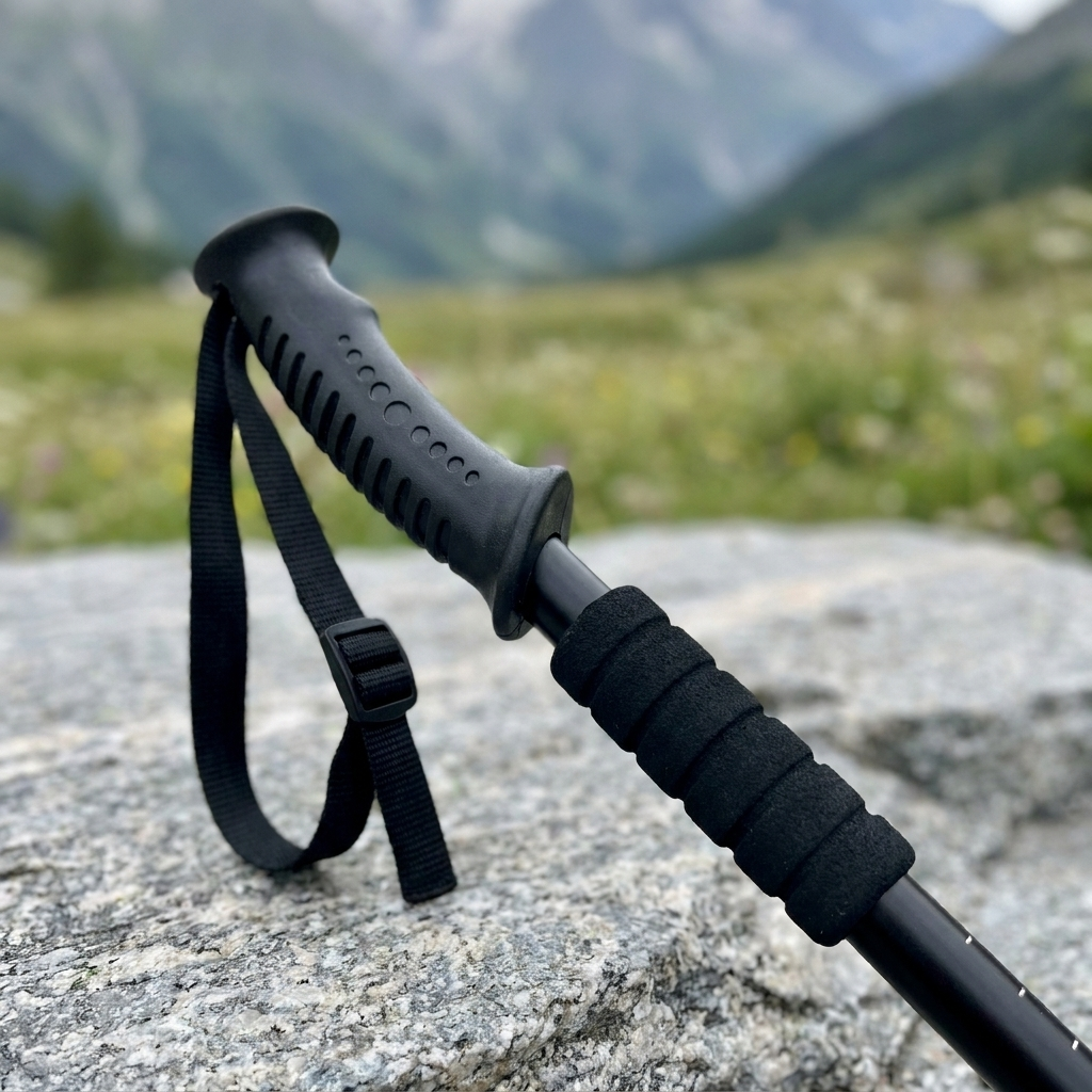 Detailaufnahme von Griff, Handschlaufe und Schaumstoff-Verlaengerung des Bergkraft Trekkingstocks