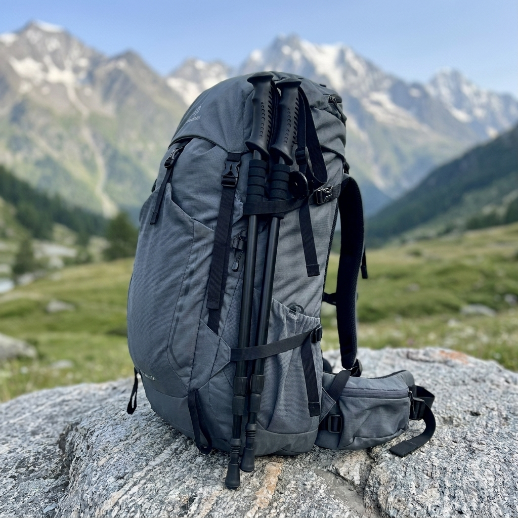 Zusammengeschobene Bergkraft Trekkingstoecke seitlich am Wanderrucksack befestigt