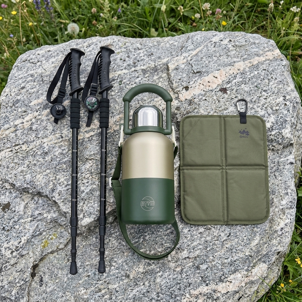 Bergkraft Wander-Komplettset: Trekkingstoecke, Isolier-Trinkflasche und Sitzkissen nebeneinander auf einer Felsplatte