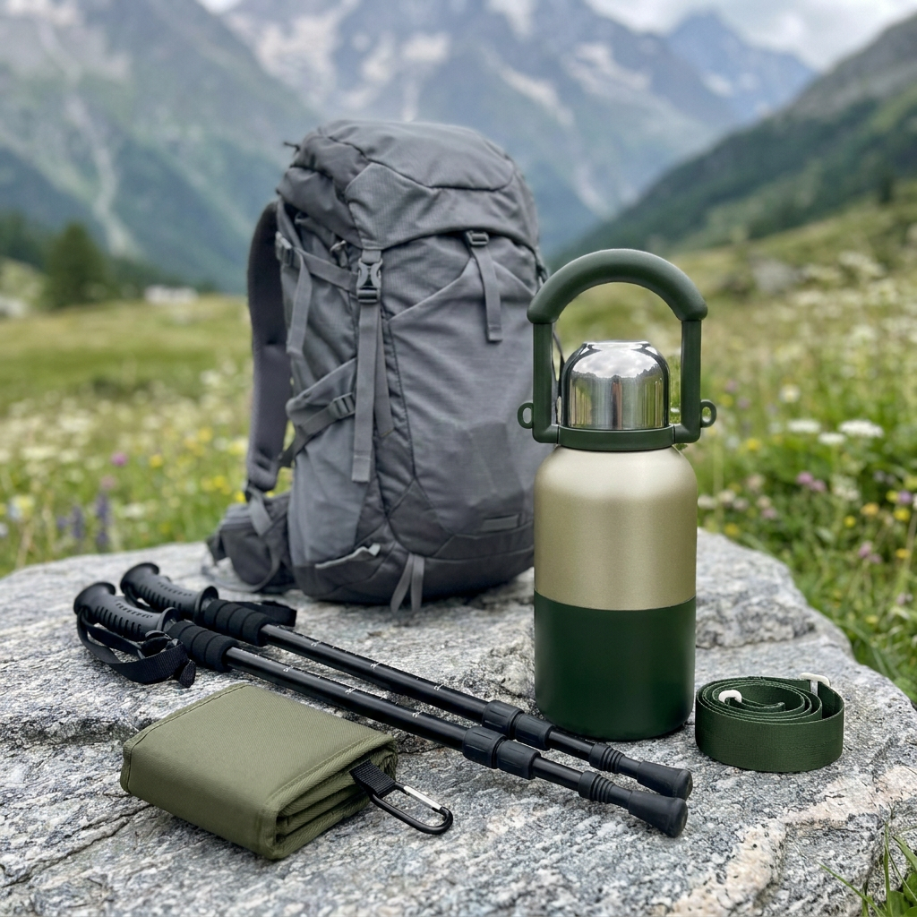 Bergkraft Komplettset zusammengepackt neben einem Wanderrucksack: Stoecke eingeschoben, Kissen gefaltet, Flasche mit Gurt