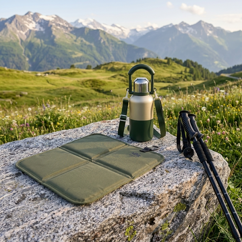 Rastplatz in den Alpen mit Bergkraft Sitzkissen, Trinkflasche und angelehnten Trekkingstoecken