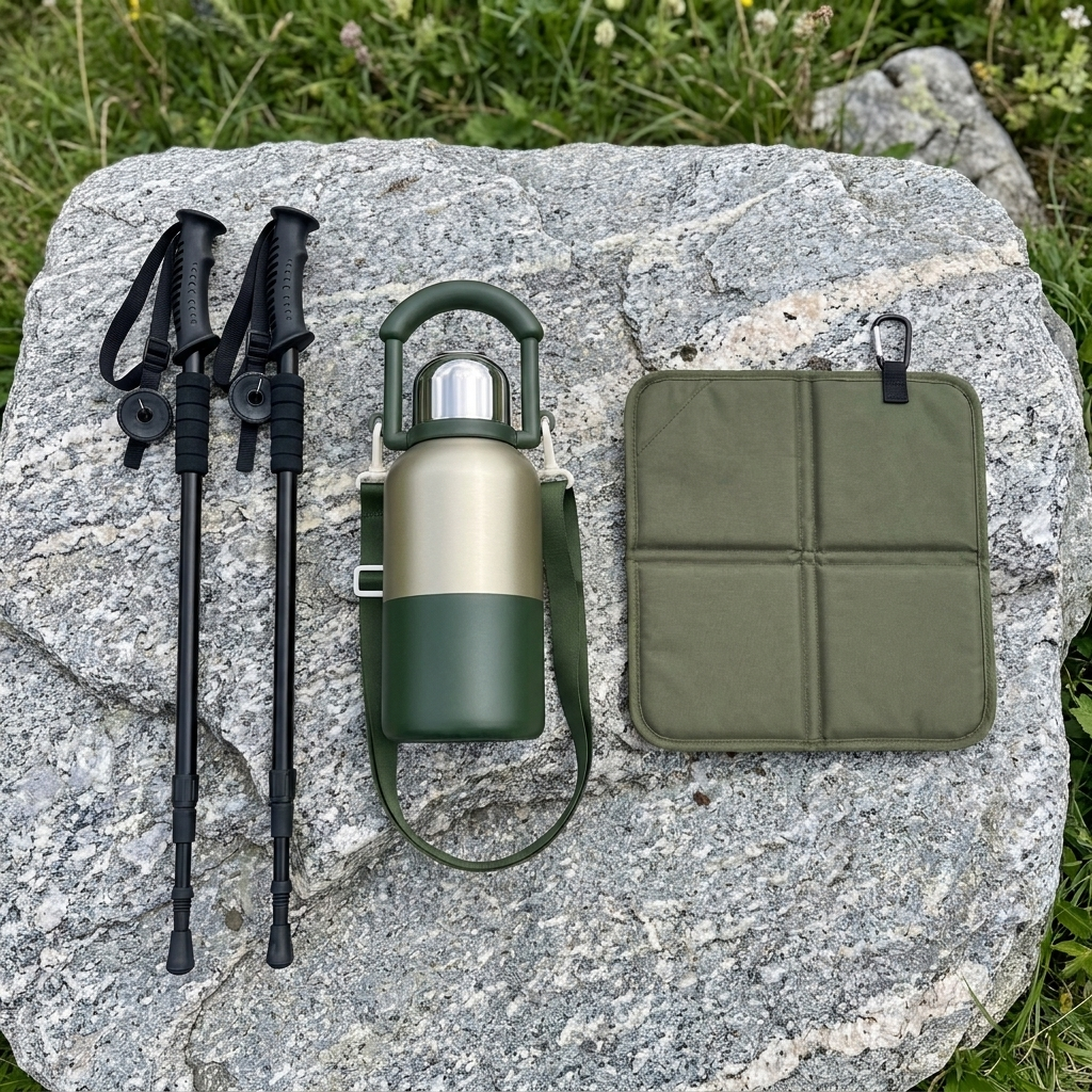 Komplettset Kombination: Kissen Militaergruen, Flasche Gruen, Stoecke Schwarz