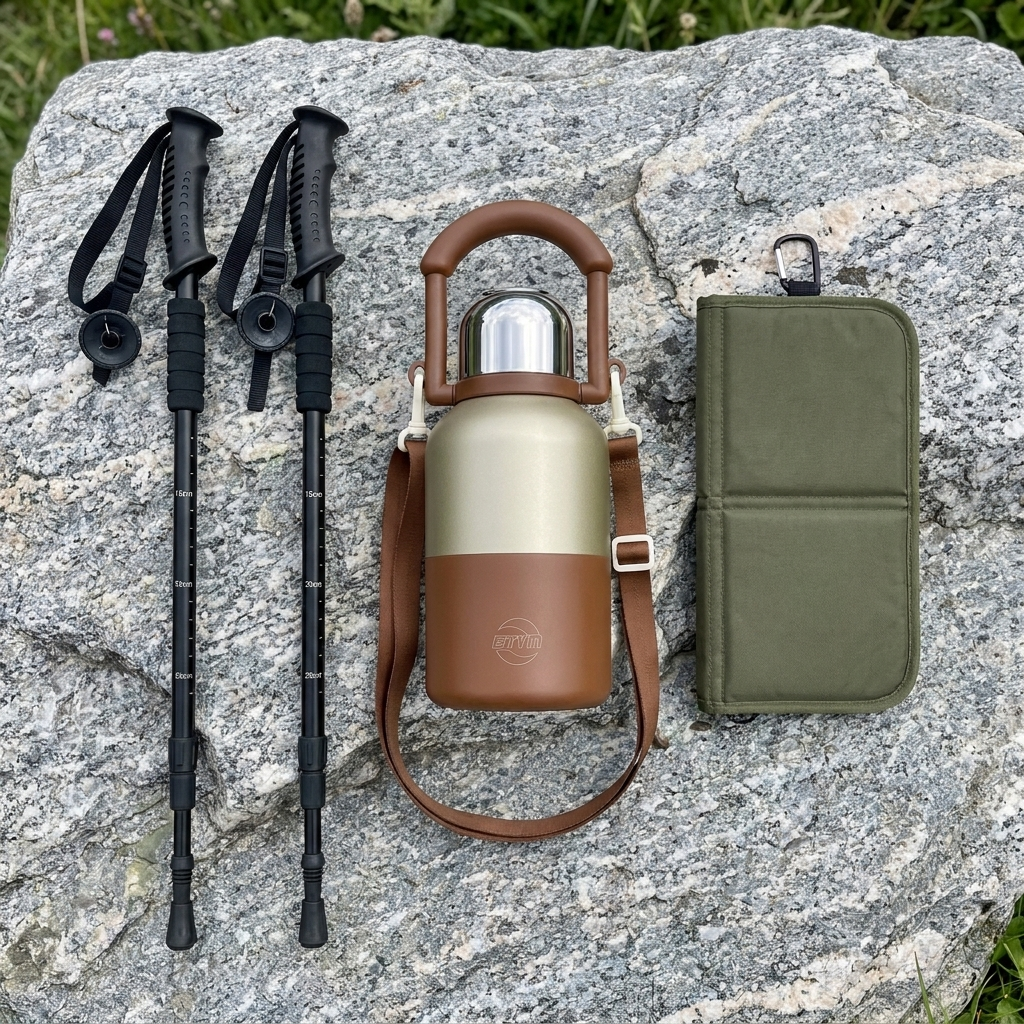 Komplettset Kombination: Kissen Militaergruen, Flasche Braun, Stoecke Schwarz