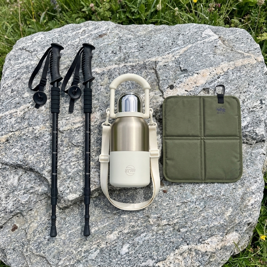 Komplettset Kombination: Kissen Militaergruen, Flasche Weiss, Stoecke Schwarz
