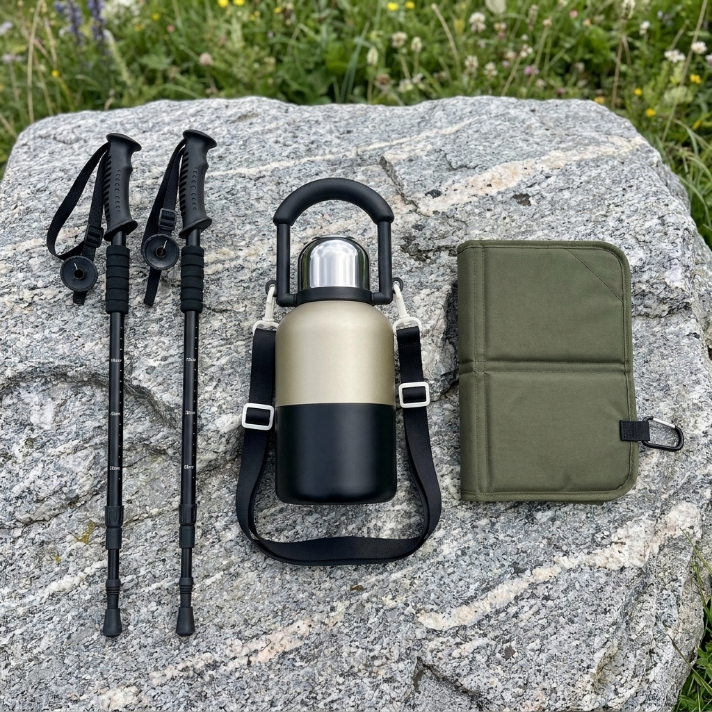 Komplettset Kombination: Kissen Militaergruen, Flasche Schwarz, Stoecke Schwarz