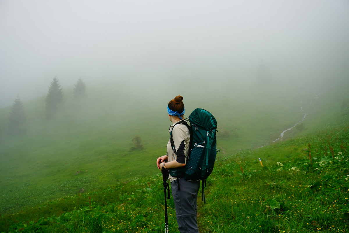 Wanderer mit Trekkingstöcken in grünen Berglandschaft